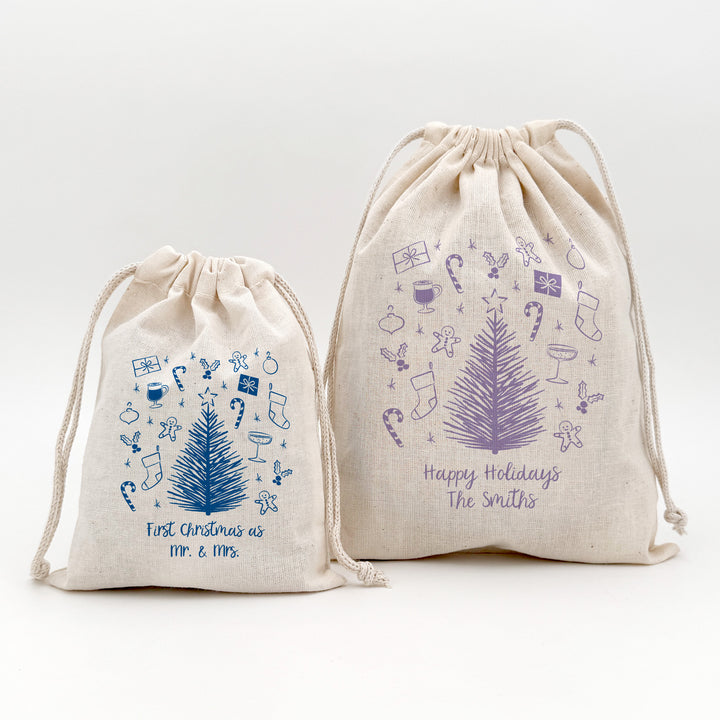 Hand Drawn Christmas Doodle Pattern, Drawstring Bags