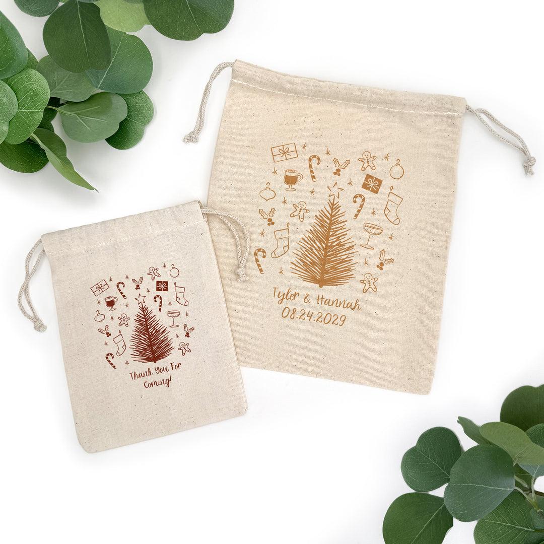 Hand Drawn Christmas Doodle Pattern, Drawstring Bags