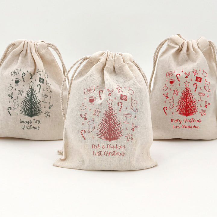 Hand Drawn Christmas Doodle Pattern, Drawstring Bags