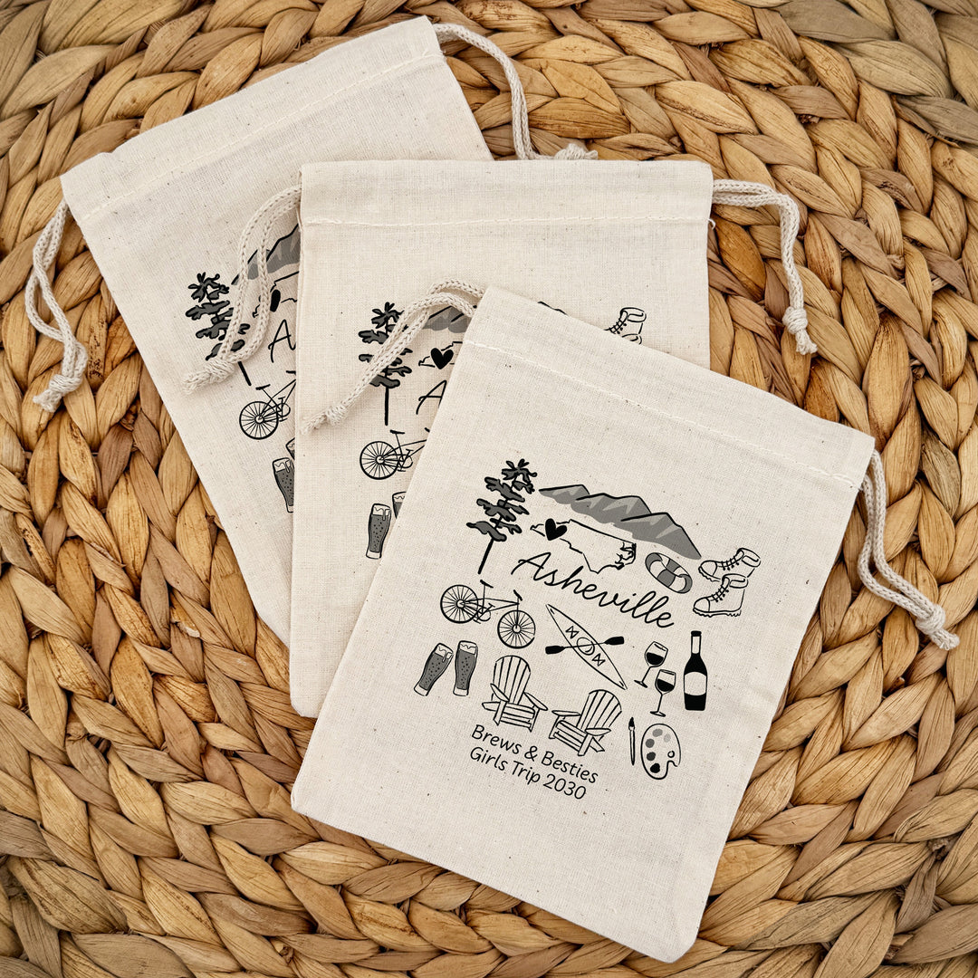 Custom Drawstring Bags, Girls Trip, Asheville Bachelorette Bags