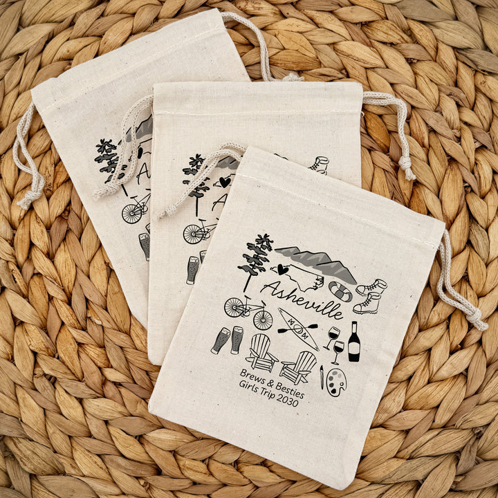 Custom Drawstring Bags, Girls Trip, Asheville Bachelorette Bags