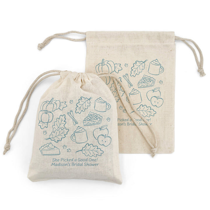 Fall Doodle Wedding Favor Bags, Custom Mini Drawstring Tote, Friendsgiving Gift, Bridal Shower Favors