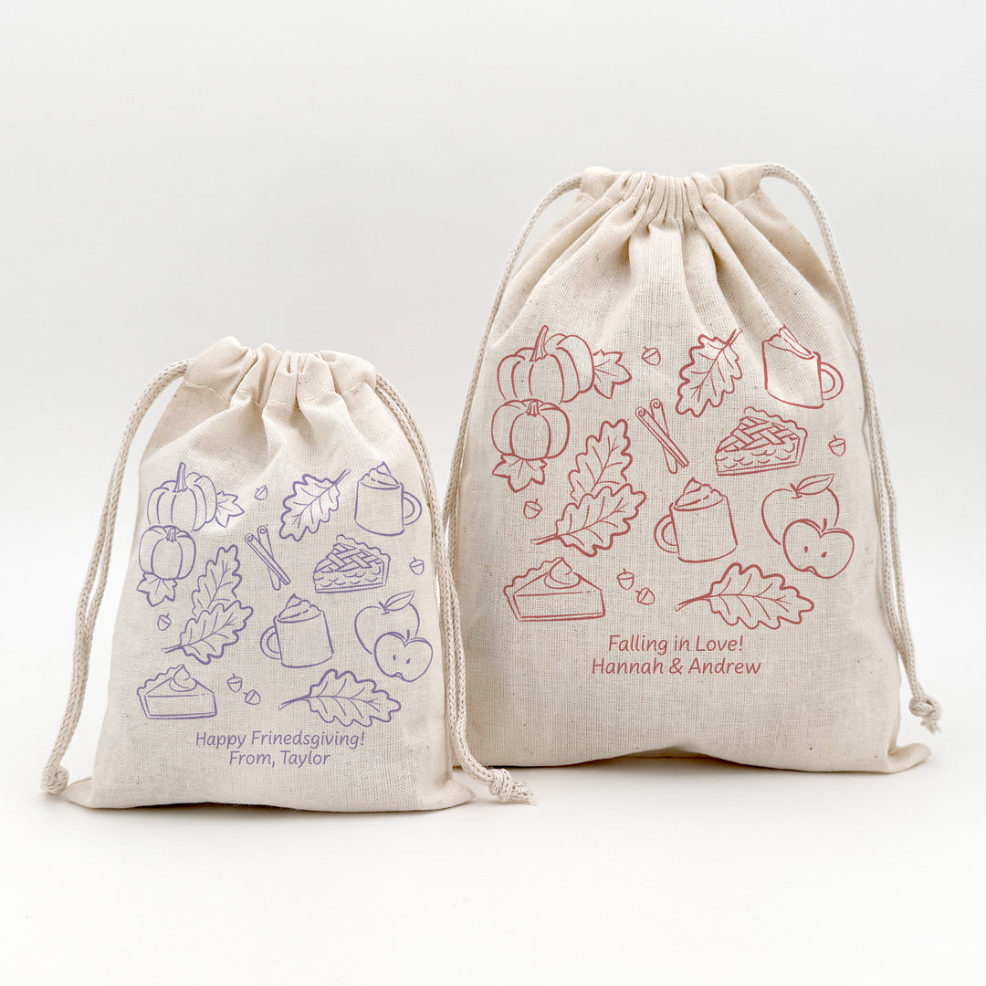 Fall Doodle Wedding Favor Bags, Custom Mini Drawstring Tote, Friendsgiving Gift, Bridal Shower Favors