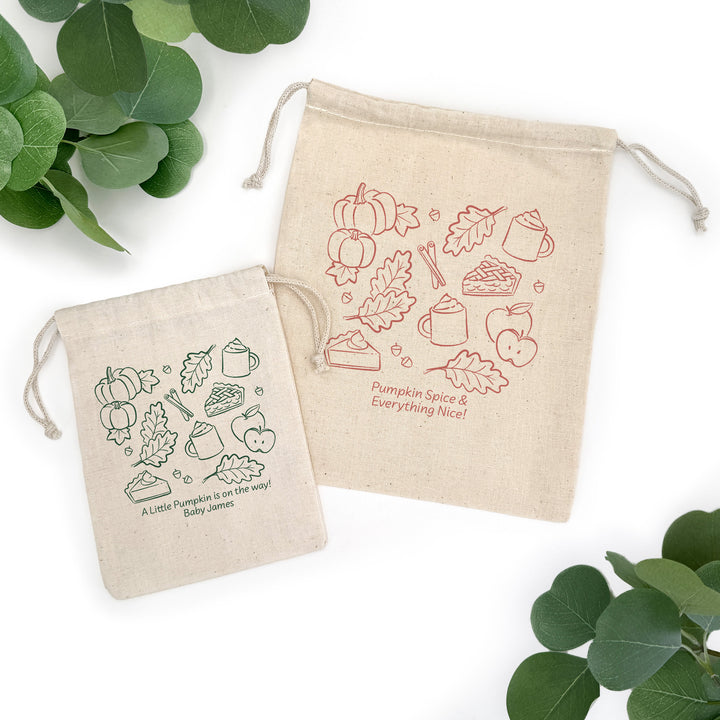 Fall Doodle Wedding Favor Bags, Custom Mini Drawstring Tote, Friendsgiving Gift, Bridal Shower Favors