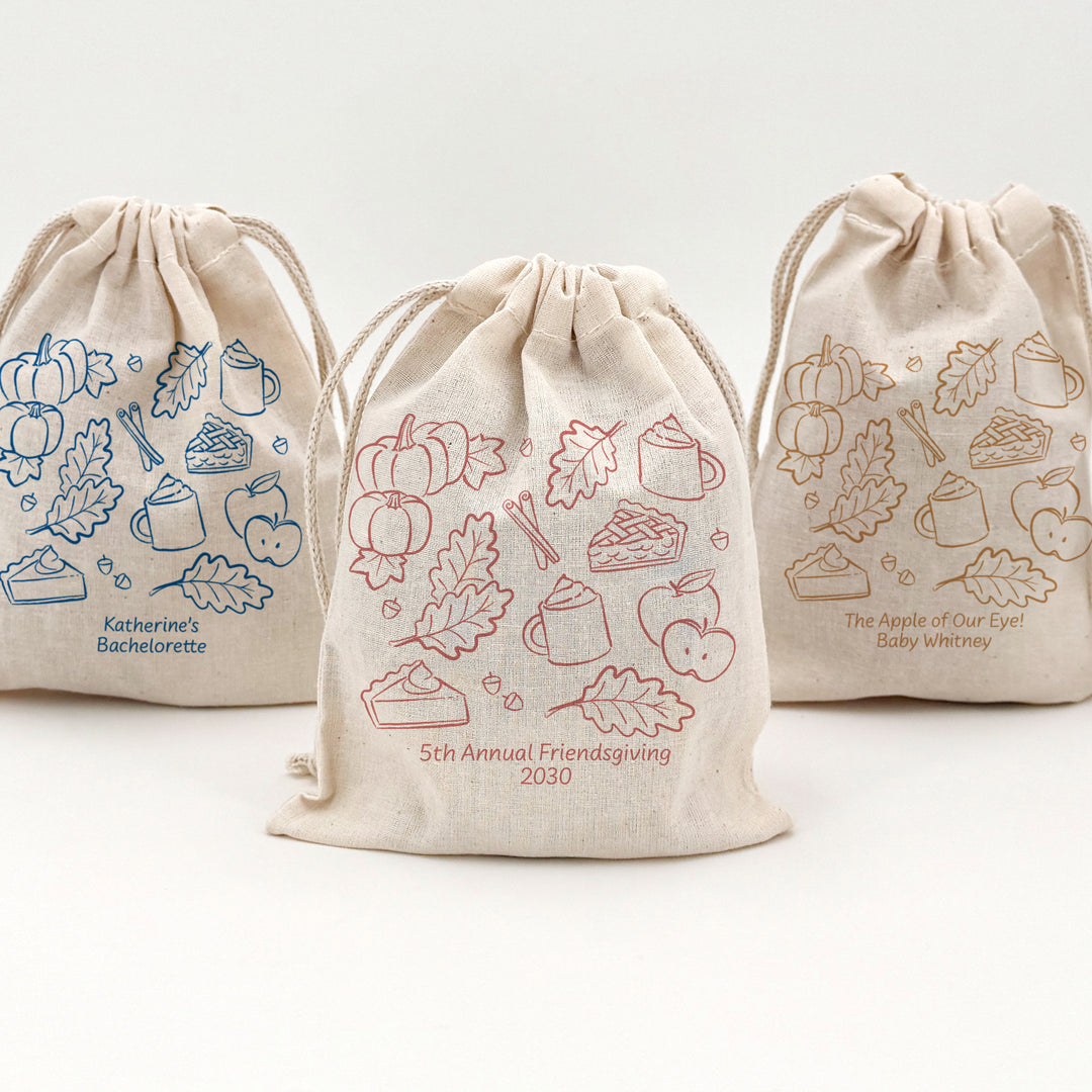 Fall Doodle Wedding Favor Bags, Custom Mini Drawstring Tote, Friendsgiving Gift, Bridal Shower Favors