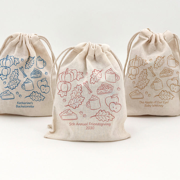 Fall Doodle Wedding Favor Bags, Custom Mini Drawstring Tote, Friendsgiving Gift, Bridal Shower Favors