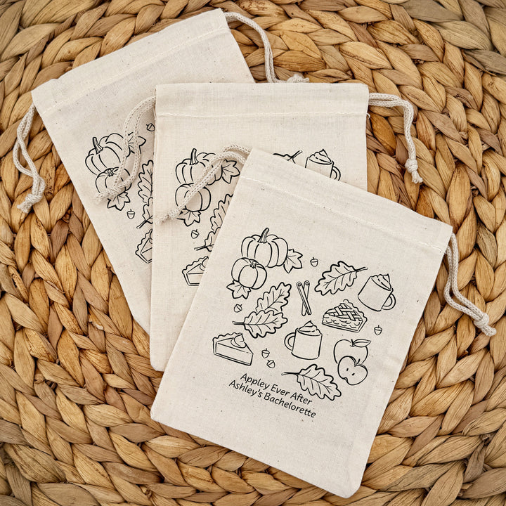 Fall Doodle Wedding Favor Bags, Custom Mini Drawstring Tote, Friendsgiving Gift, Bridal Shower Favors