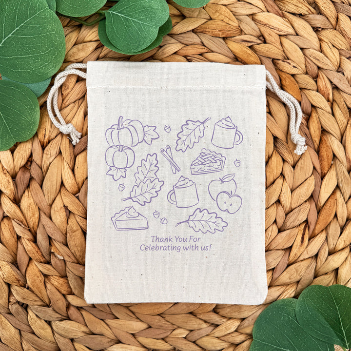 Fall Doodle Wedding Favor Bags, Custom Mini Drawstring Tote, Friendsgiving Gift, Bridal Shower Favors