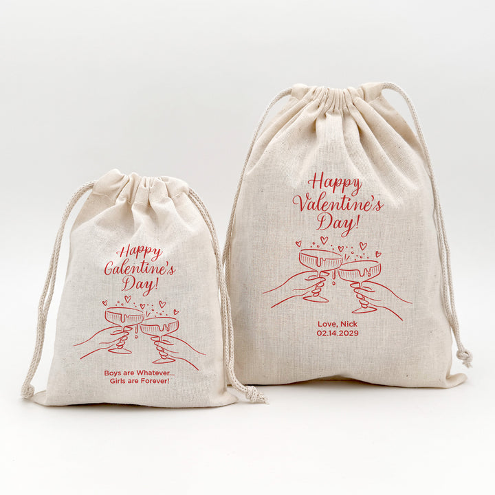 Happy Valentine's Day, Happy Galentine's Day, Toasting Cocktail Glasses, Drawstring Bags