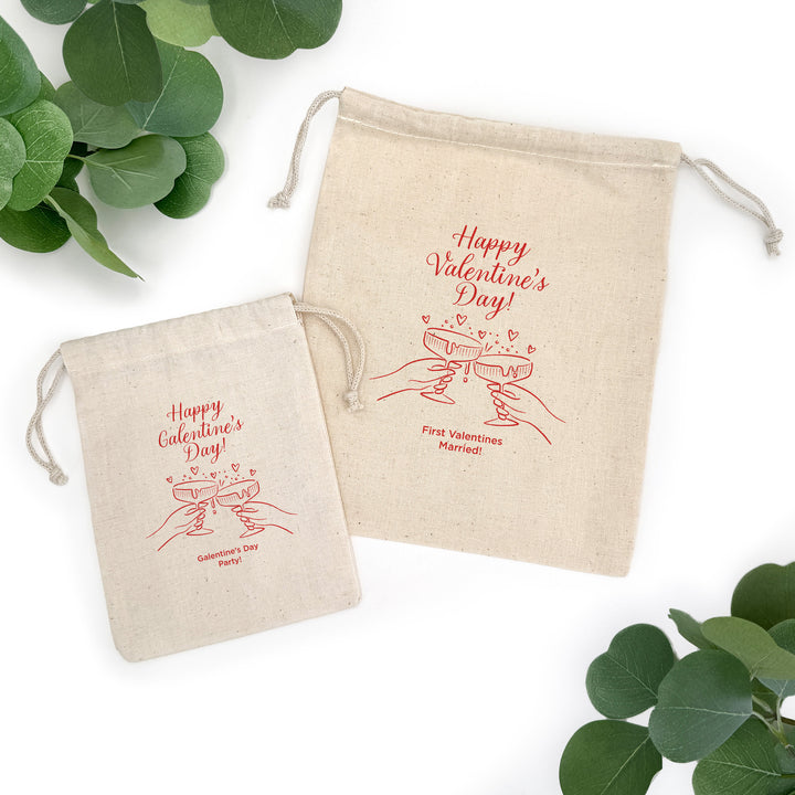 Happy Valentine's Day, Happy Galentine's Day, Toasting Cocktail Glasses, Drawstring Bags