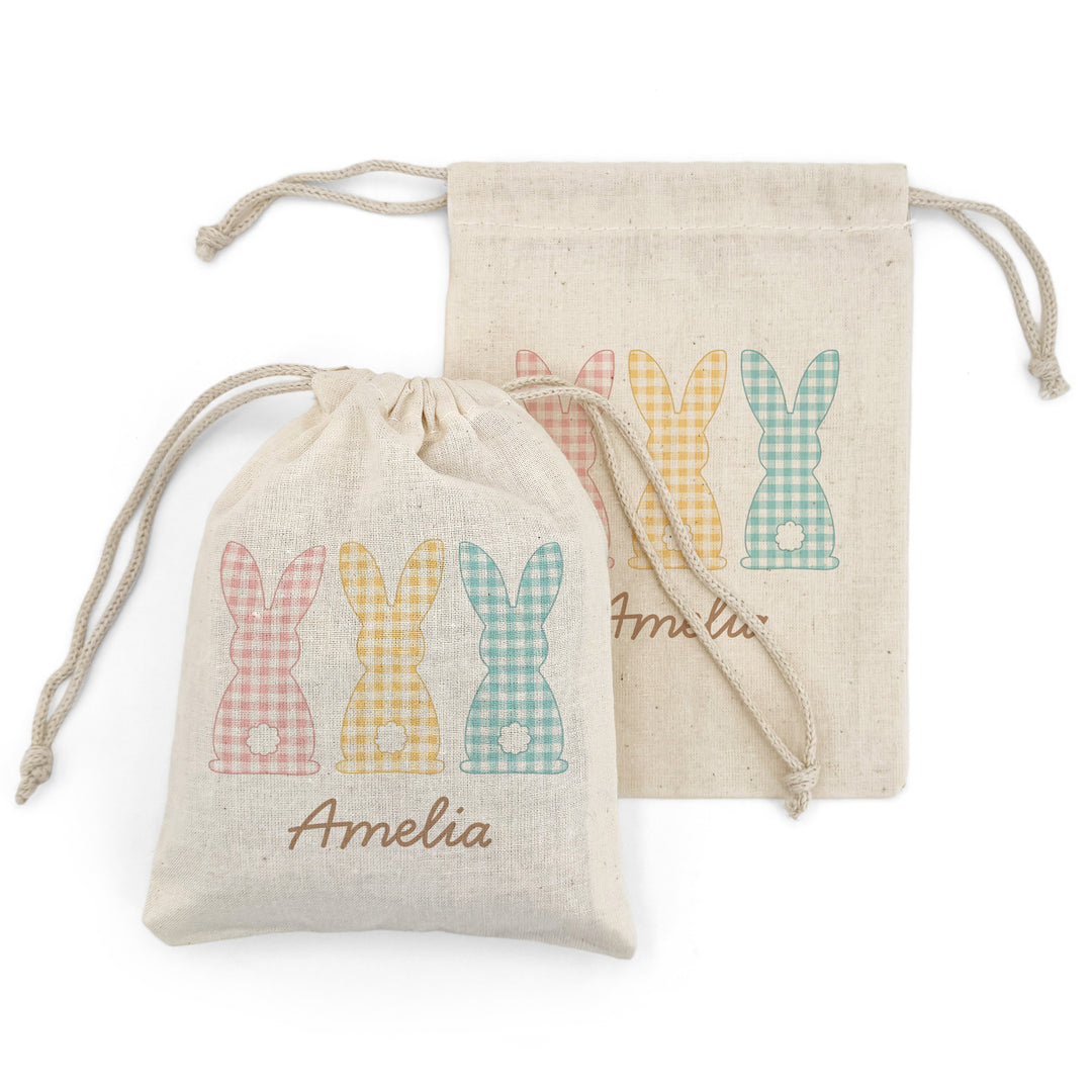 Personalized Gingham Easter Bunny Drawstring Bags for Kids, Custom Easter Goody Bag