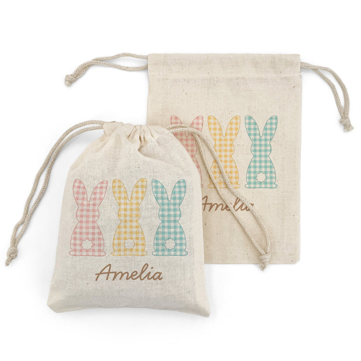 Personalized Gingham Easter Bunny Drawstring Bags for Kids, Custom Easter Goody Bag