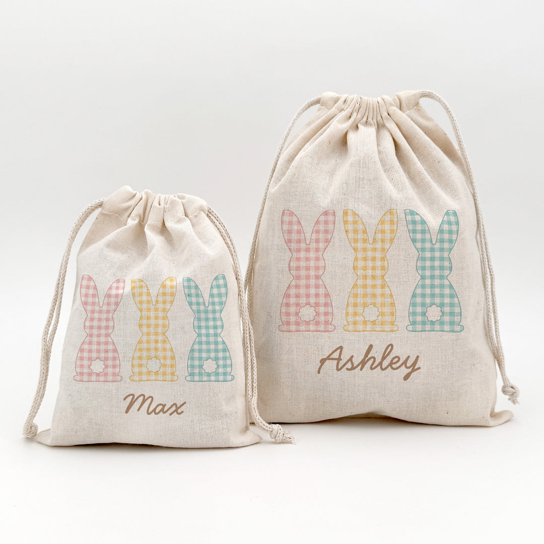 Personalized Gingham Easter Bunny Drawstring Bags for Kids, Custom Easter Goody Bag