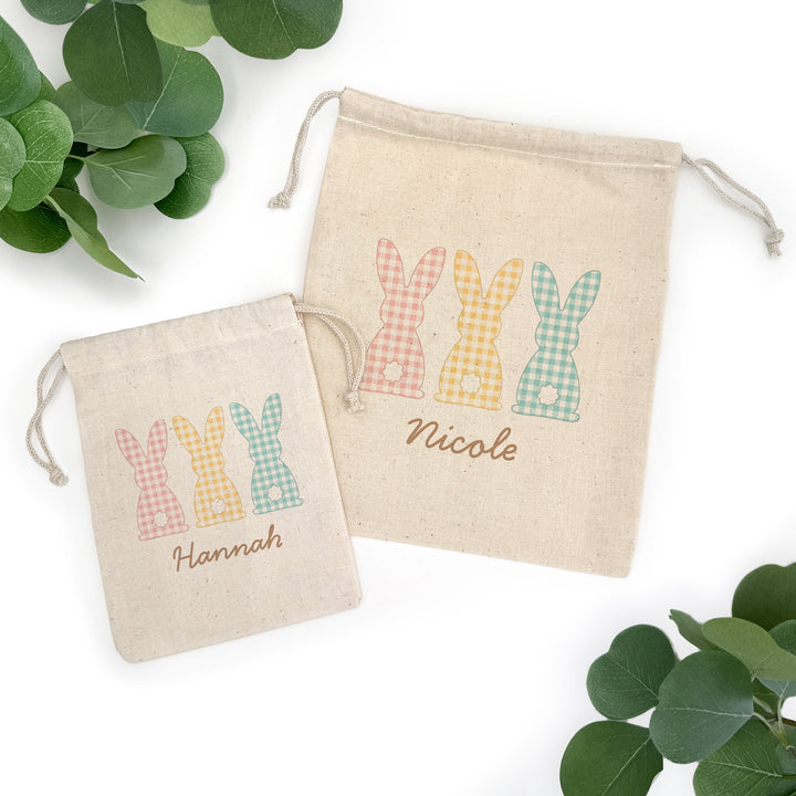 Personalized Gingham Easter Bunny Drawstring Bags for Kids, Custom Easter Goody Bag