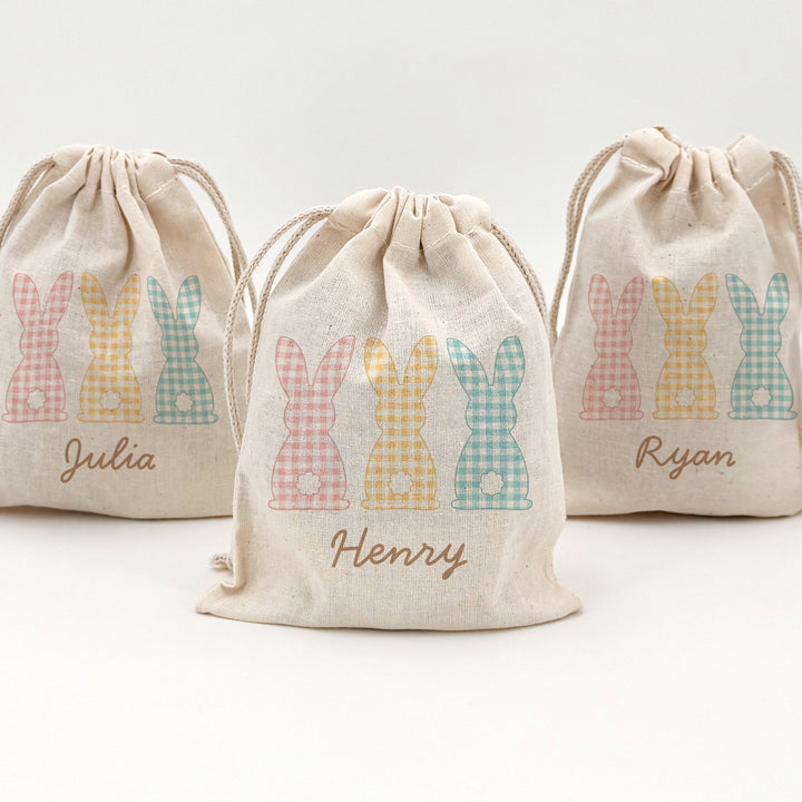 Personalized Gingham Easter Bunny Drawstring Bags for Kids, Custom Easter Goody Bag