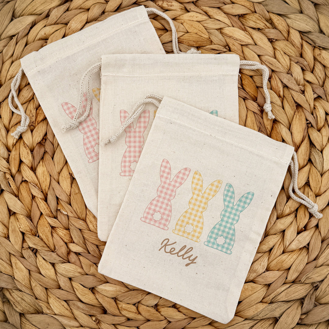 Personalized Gingham Easter Bunny Drawstring Bags for Kids, Custom Easter Goody Bag