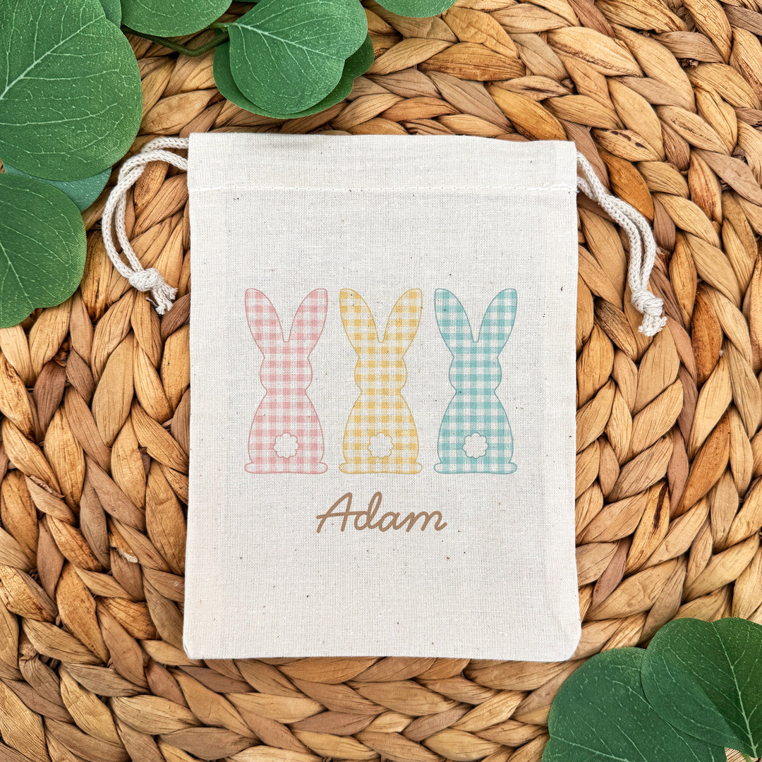Personalized Gingham Easter Bunny Drawstring Bags for Kids, Custom Easter Goody Bag