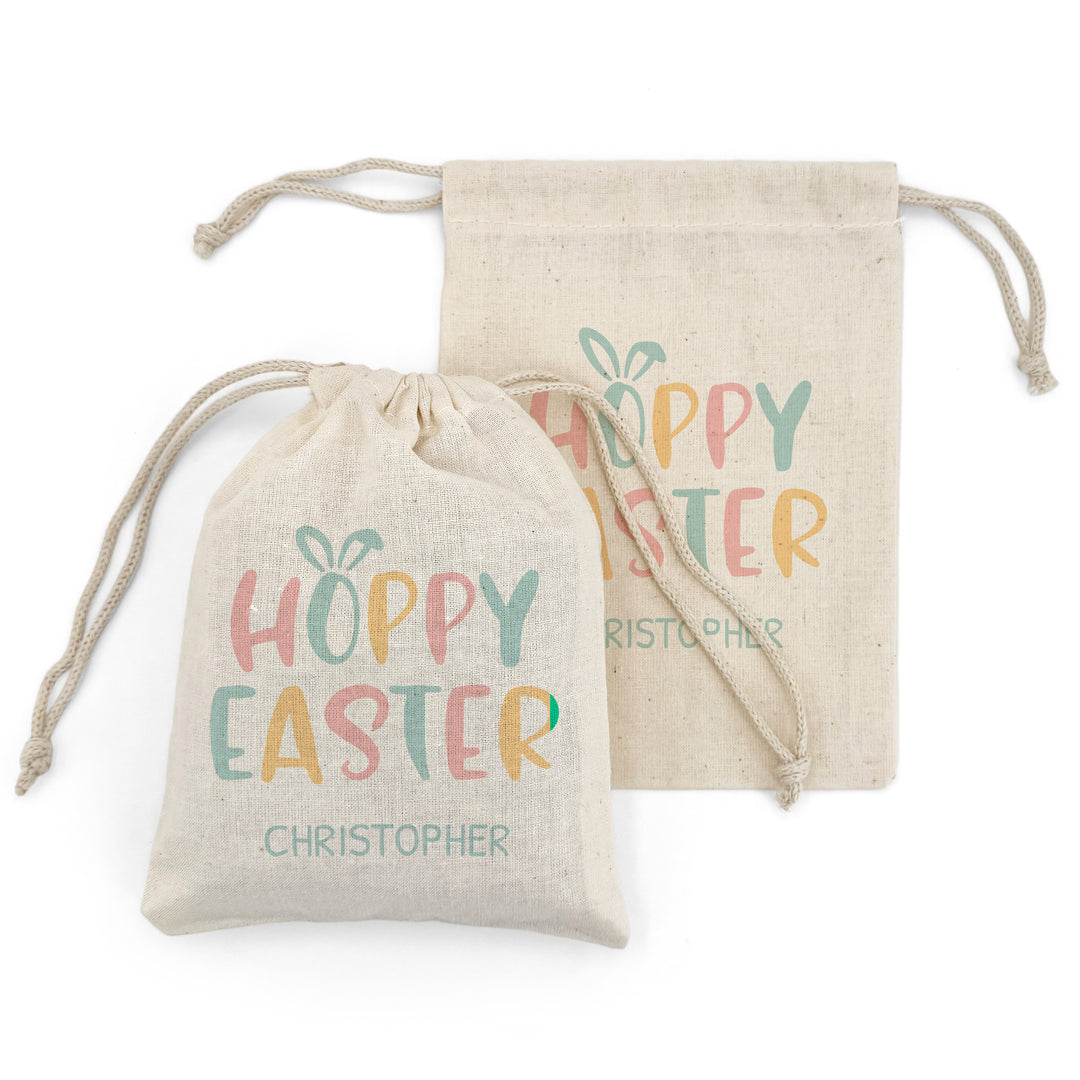 Personalized Hoppy Easter Drawstring Bags for Kids, Custom Easter Goody Bag