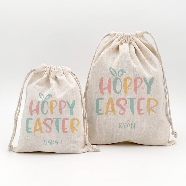Personalized Hoppy Easter Drawstring Bags for Kids, Custom Easter Goody Bag