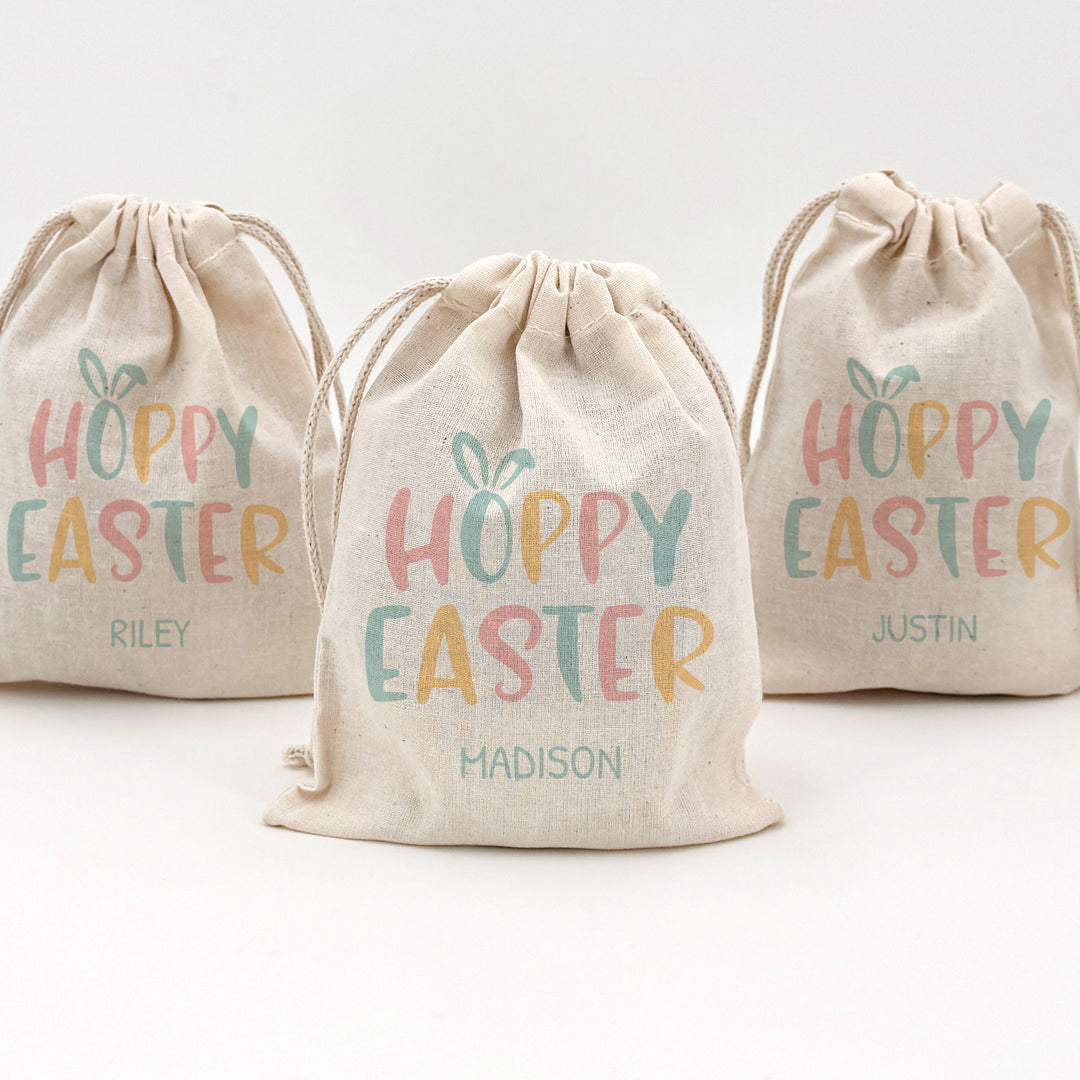 Personalized Hoppy Easter Drawstring Bags for Kids, Custom Easter Goody Bag