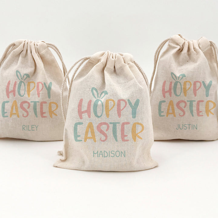 Personalized Hoppy Easter Drawstring Bags for Kids, Custom Easter Goody Bag
