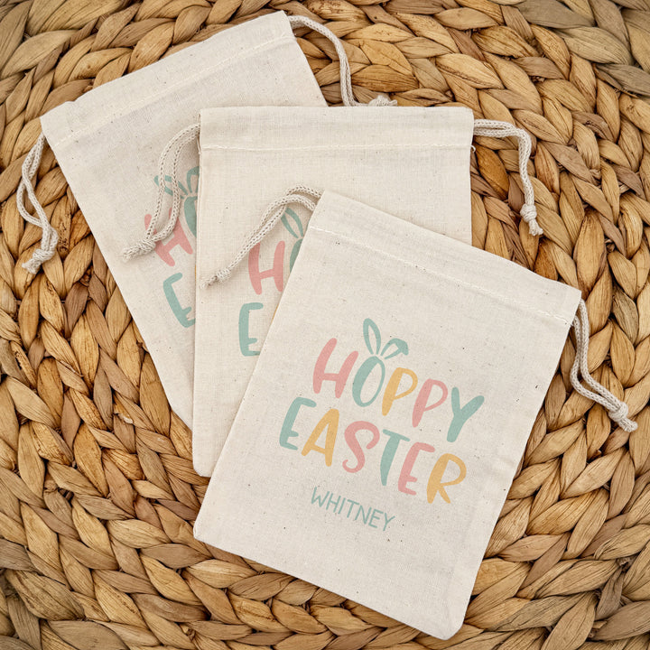 Personalized Hoppy Easter Drawstring Bags for Kids, Custom Easter Goody Bag