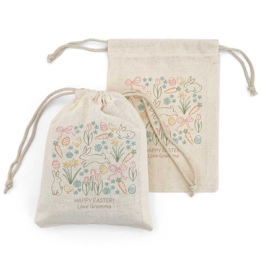 Personalized Easter Doodle Drawstring Bags for Kids, Custom Easter Goody Bag