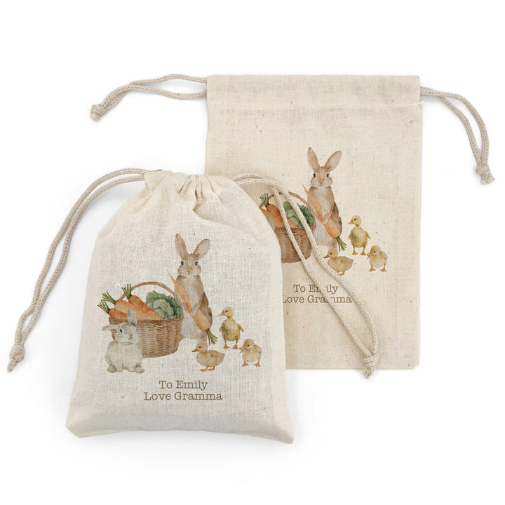 Personalized Easter Bunnies and Ducklings Drawstring Bags for Kids, Custom Easter Goody Bag