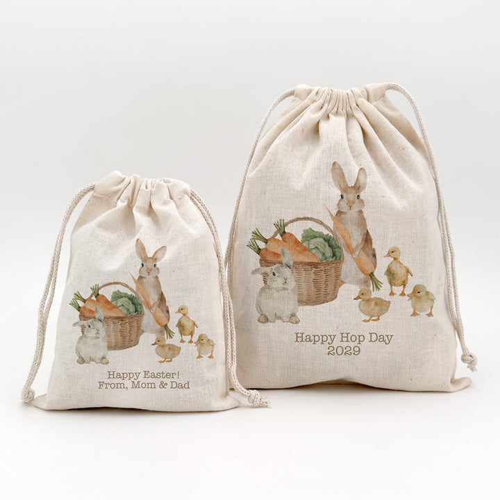 Personalized Easter Bunnies and Ducklings Drawstring Bags for Kids, Custom Easter Goody Bag