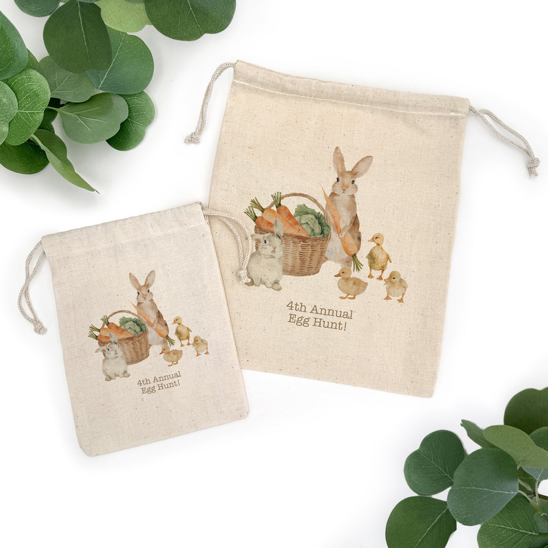 Personalized Easter Bunnies and Ducklings Drawstring Bags for Kids, Custom Easter Goody Bag