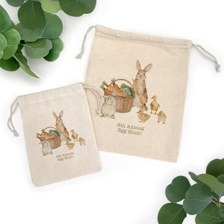 Personalized Easter Bunnies and Ducklings Drawstring Bags for Kids, Custom Easter Goody Bag