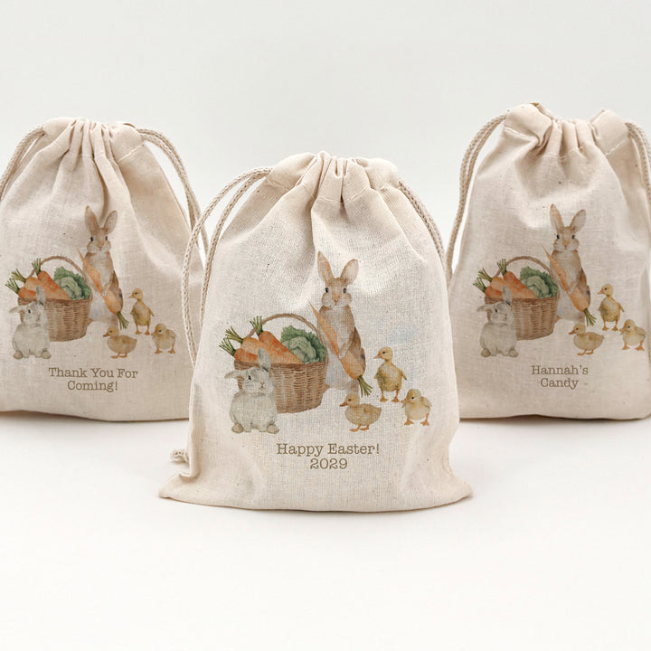Personalized Easter Bunnies and Ducklings Drawstring Bags for Kids, Custom Easter Goody Bag