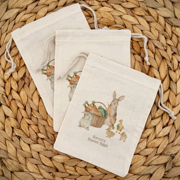 Personalized Easter Bunnies and Ducklings Drawstring Bags for Kids, Custom Easter Goody Bag