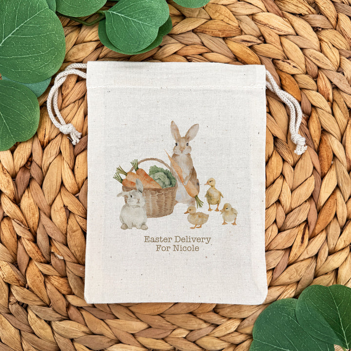 Personalized Easter Bunnies and Ducklings Drawstring Bags for Kids, Custom Easter Goody Bag