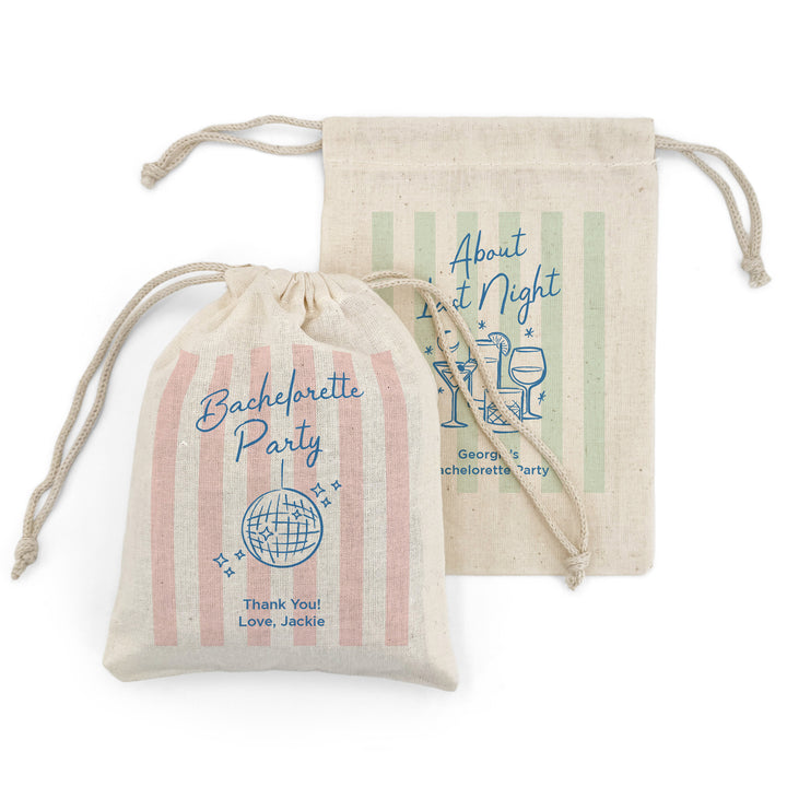 About Last Night, Last Toast on the Coast, Bachelorette Stripe Drawstring Bags