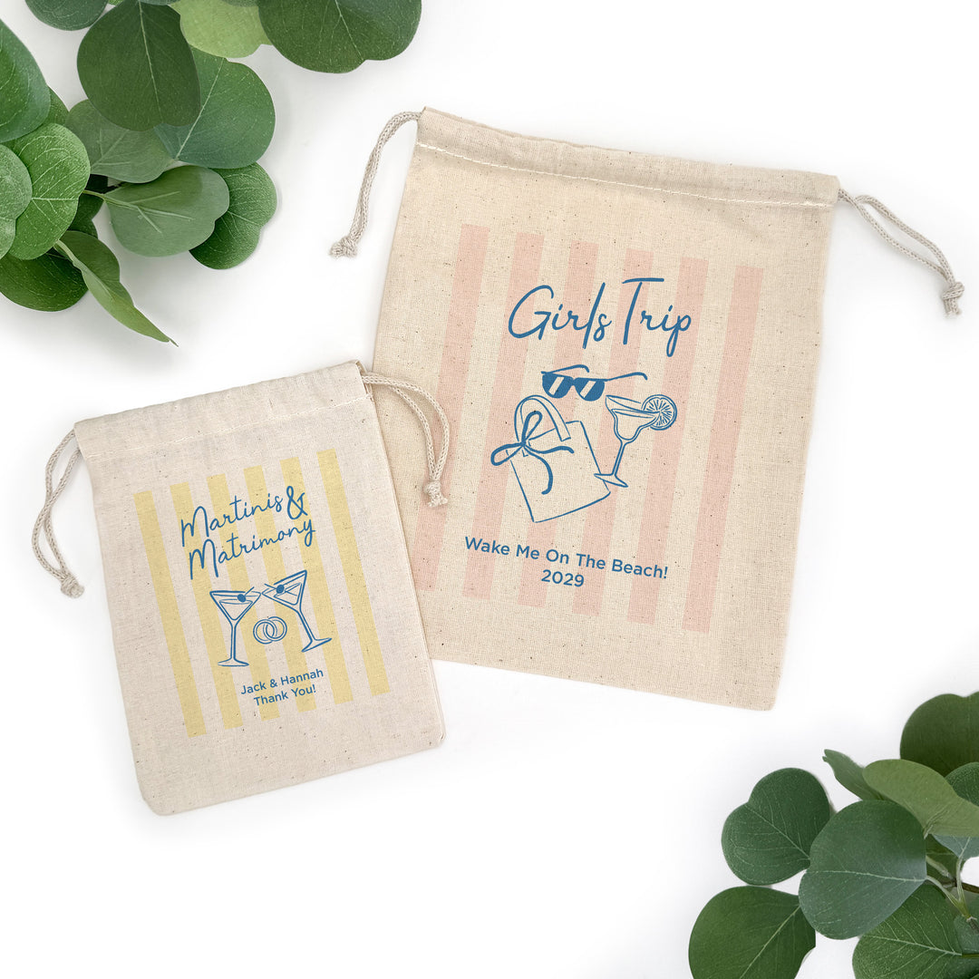 About Last Night, Last Toast on the Coast, Bachelorette Stripe Drawstring Bags