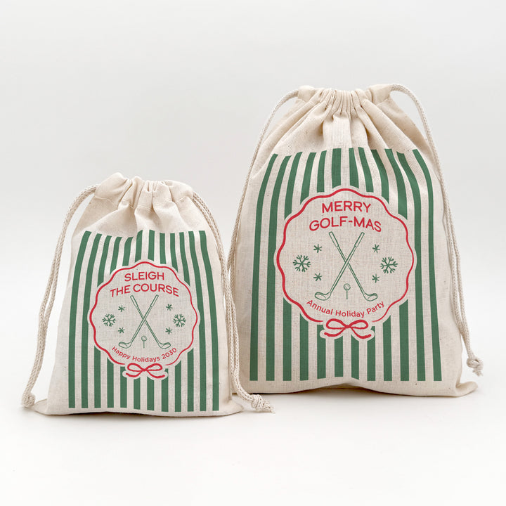 Personalized Golf Christmas Drawstring Goodie Bags, Merry Golf-mas, Custom Drawstring Gift Bag, Golf Stripe Christmas Bags