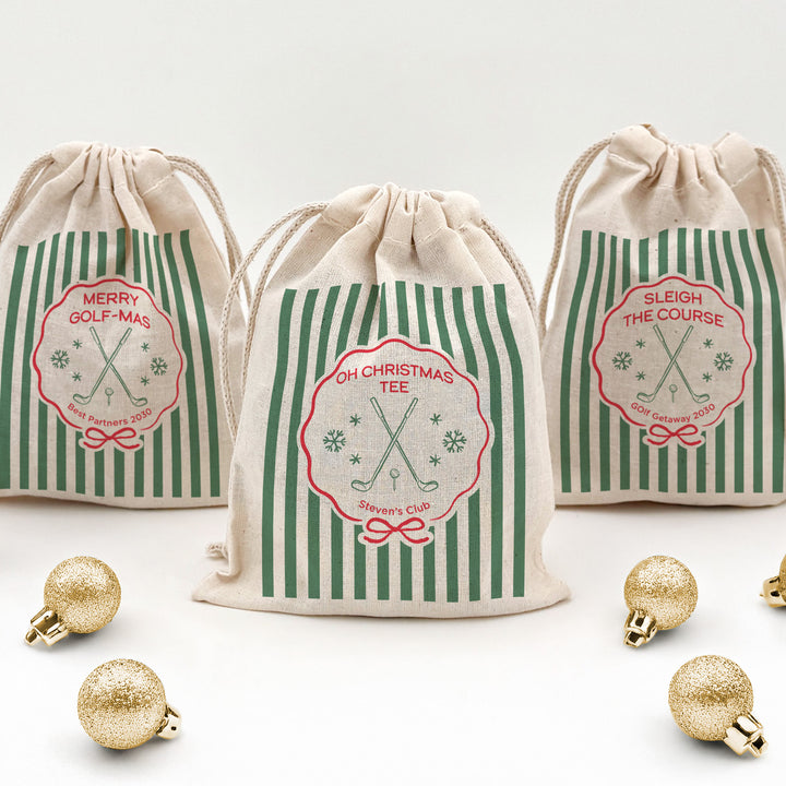 Personalized Golf Christmas Drawstring Goodie Bags, Merry Golf-mas, Custom Drawstring Gift Bag, Golf Stripe Christmas Bags