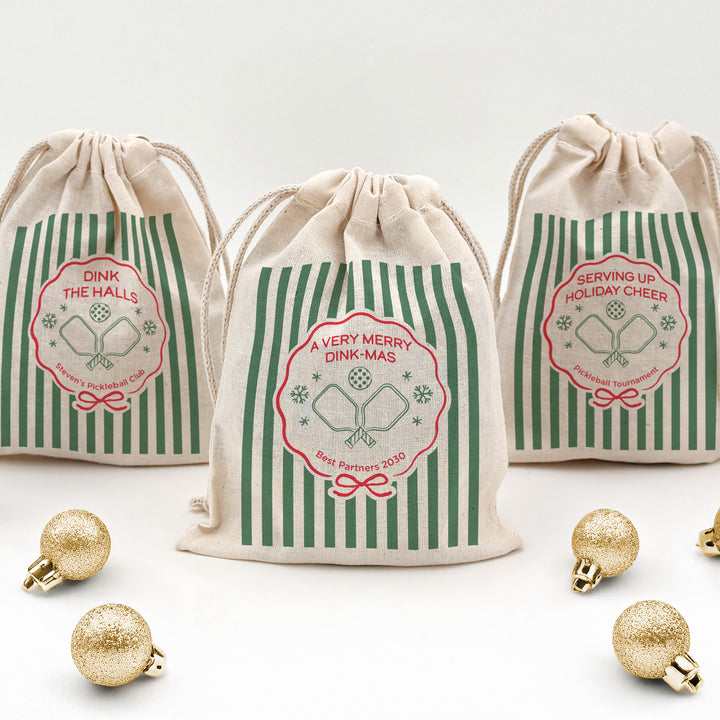 Personalized Pickleball Christmas Drawstring Goodie Bags, Merry Dink-mas, Custom Drawstring Gift Bag, Pickleball Stripe Christmas Bags