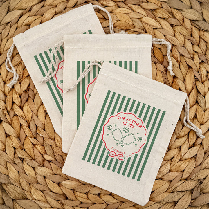 Personalized Pickleball Christmas Drawstring Goodie Bags, Merry Dink-mas, Custom Drawstring Gift Bag, Pickleball Stripe Christmas Bags