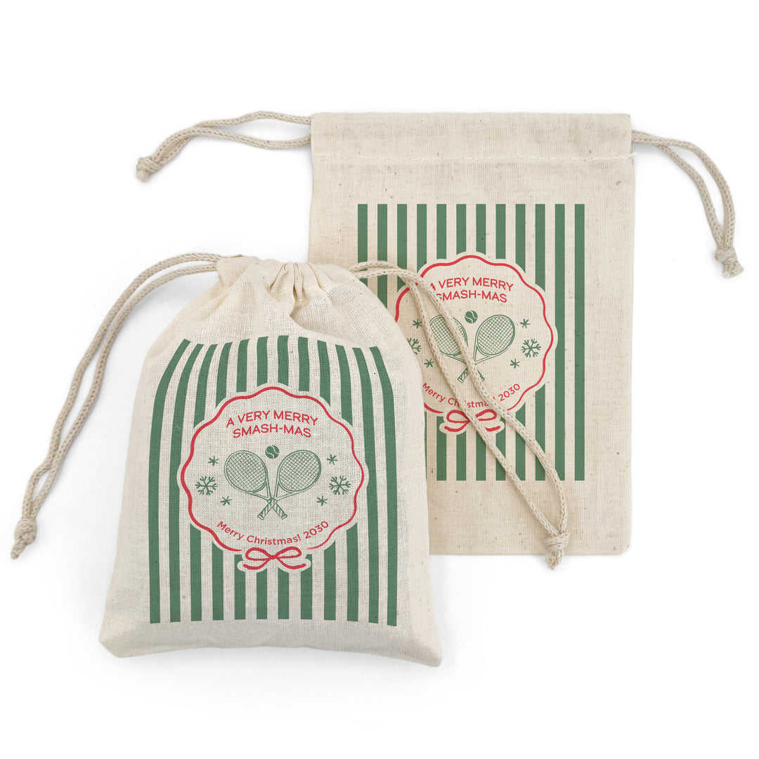 Personalized Tennis Christmas Drawstring Goodie Bags, Merry Smash-mas, Custom Drawstring Gift Bag, Tennis Stripe Christmas Bags