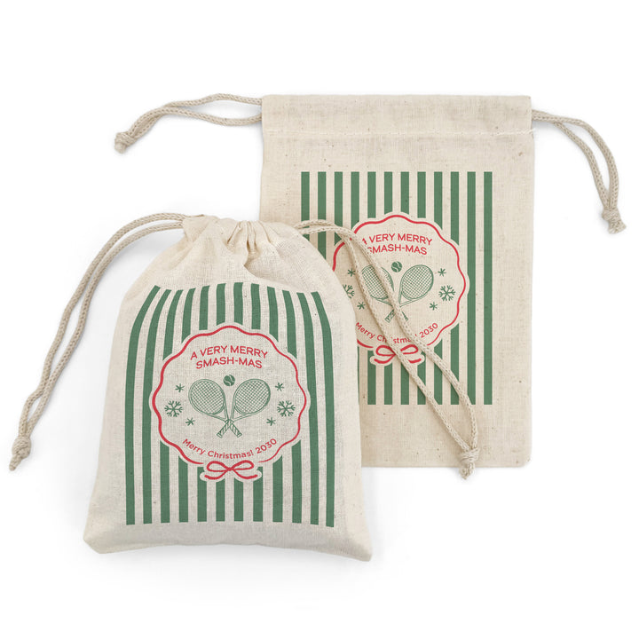 Personalized Tennis Christmas Drawstring Goodie Bags, Merry Smash-mas, Custom Drawstring Gift Bag, Tennis Stripe Christmas Bags