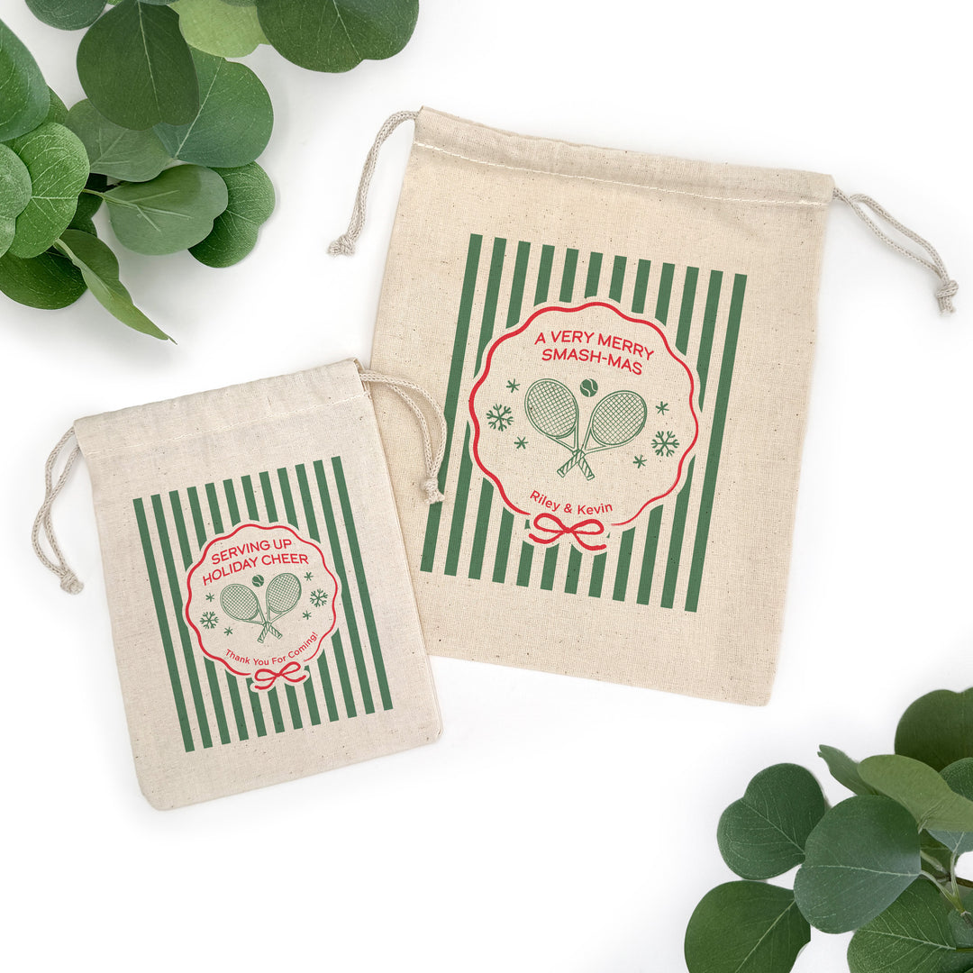 Personalized Tennis Christmas Drawstring Goodie Bags, Merry Smash-mas, Custom Drawstring Gift Bag, Tennis Stripe Christmas Bags