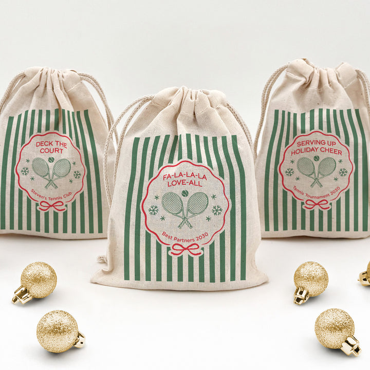 Personalized Tennis Christmas Drawstring Goodie Bags, Merry Smash-mas, Custom Drawstring Gift Bag, Tennis Stripe Christmas Bags