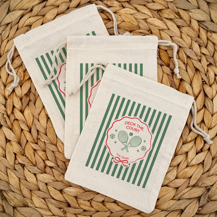 Personalized Tennis Christmas Drawstring Goodie Bags, Merry Smash-mas, Custom Drawstring Gift Bag, Tennis Stripe Christmas Bags