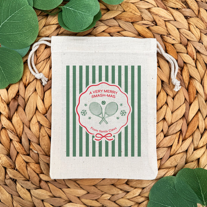 Personalized Tennis Christmas Drawstring Goodie Bags, Merry Smash-mas, Custom Drawstring Gift Bag, Tennis Stripe Christmas Bags