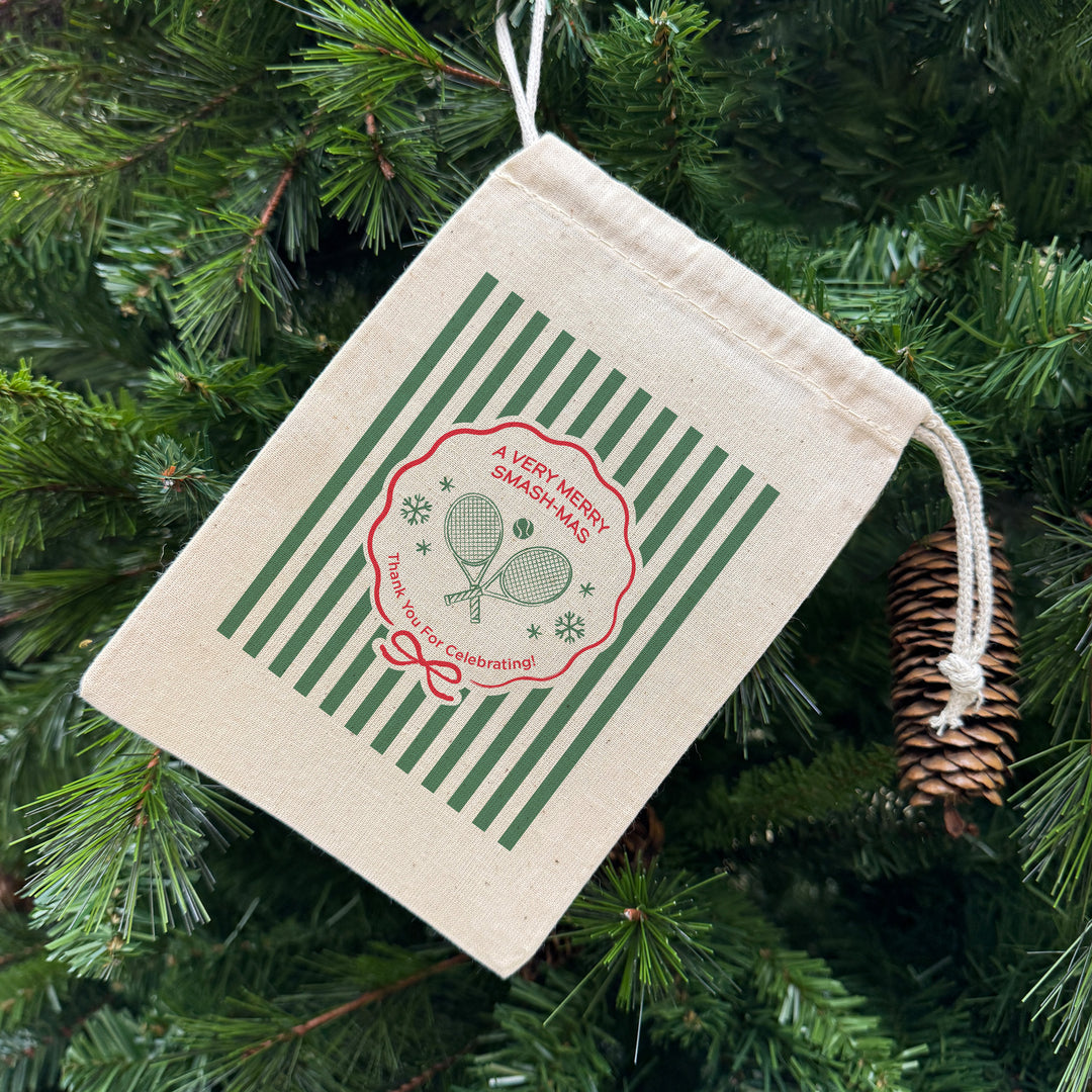 Personalized Tennis Christmas Drawstring Goodie Bags, Merry Smash-mas, Custom Drawstring Gift Bag, Tennis Stripe Christmas Bags