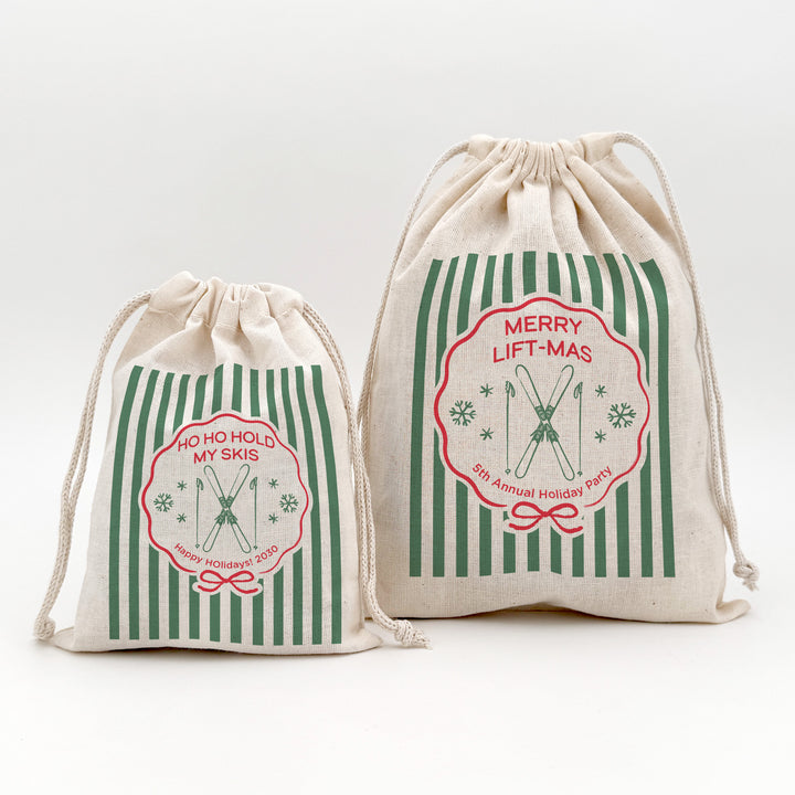 Personalized Ski Christmas Drawstring Goodie Bags, Merry Lift-mas, Custom Drawstring Gift Bag, Ski Stripe Christmas Bags