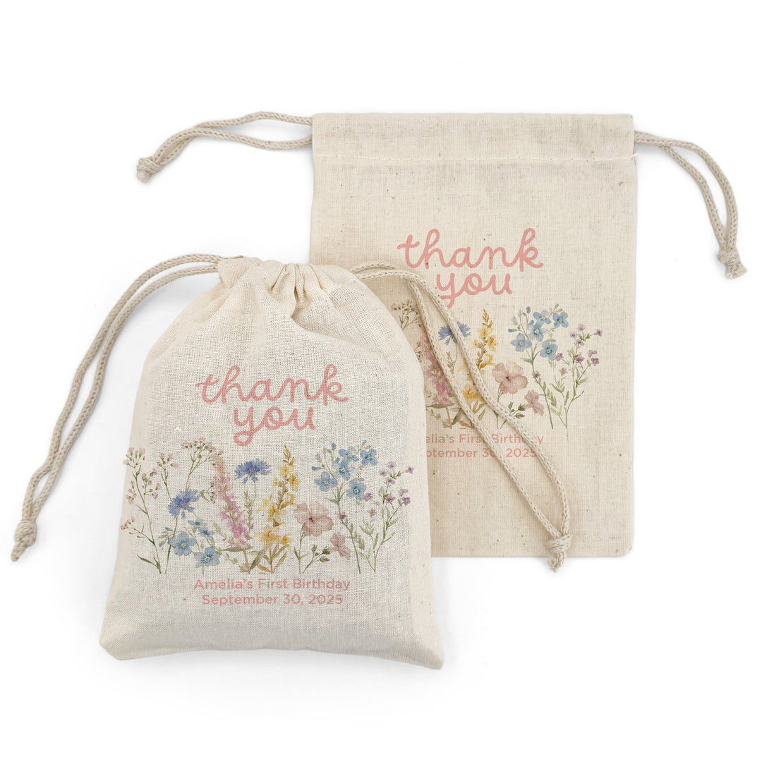 Wildflower Birthday, Wild One, Birthday Drawstring Bags