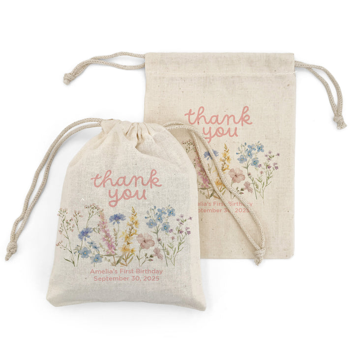 Wildflower Birthday, Wild One, Birthday Drawstring Bags